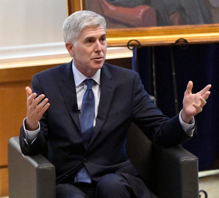 In this 2017 photo, Supreme Court Justice Neil Gorsuch addresses the audience during his talk at the University of Kentucky.