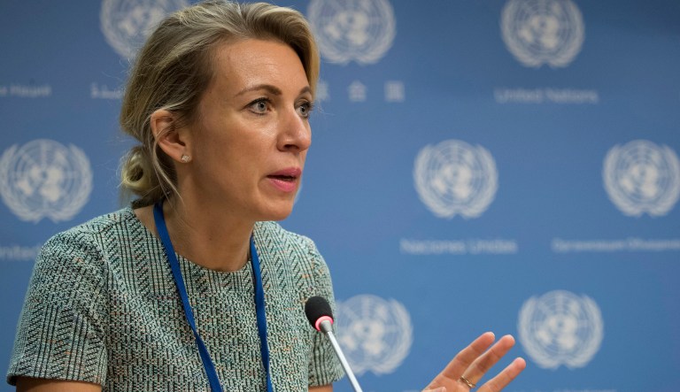 Russian Foreign Ministry spokesperson Maria Zakharova speaks during a news conference at United Nations headquarters, Friday, Sept. 22, 2017.