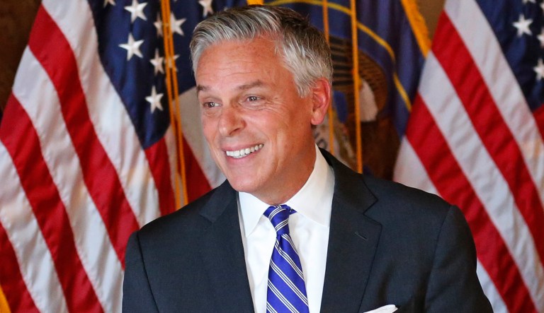 Jon Huntsman Jr., the new U.S. ambassador to Russia, looks on during a ceremonial swearing-in event with Utah Gov. Gary Herbert Saturday, Oct. 7, 2017, in Salt Lake City. The new U.S. ambassador to Russia says restoring Ukrainian sovereignty and dealing with North Korea are key to improving relations between the two countries.