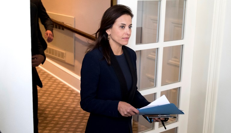 Then-White House deputy national security adviser Dina Powell arrives for a joint statement in the Rose Garden at the White House in Washington.