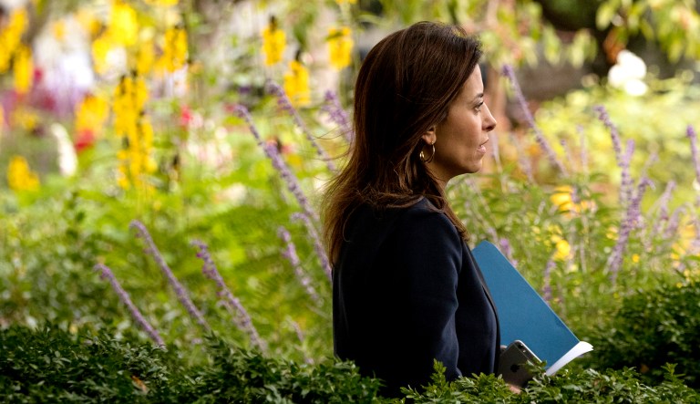 Dina Powell appears at an event in the White House.