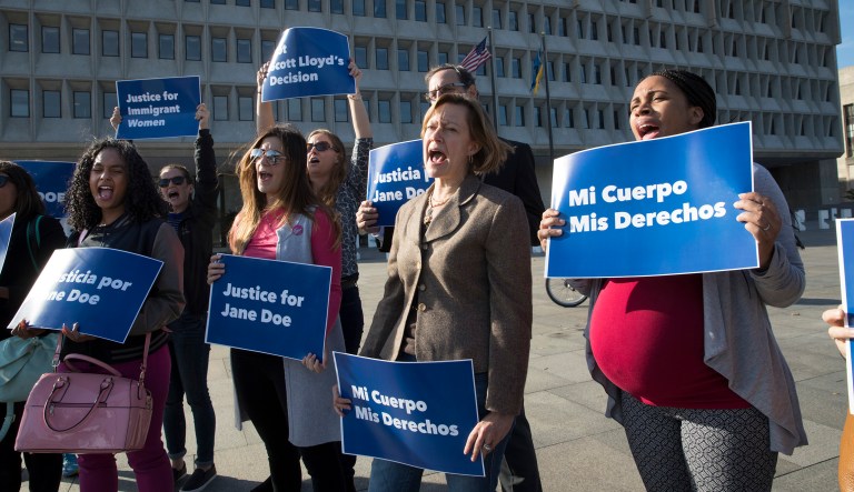 Activists with Planned Parenthood demonstrate in support of a pregnant 17-year-old being held in a Texas facility for unaccompanied immigrant children to obtain an abortion, outside of the Department of Health and Human Services in Washington. 