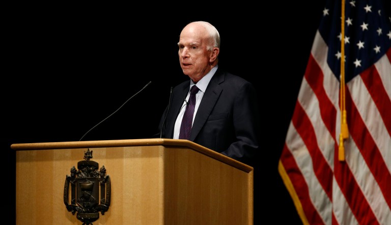 Sen. John McCain, R-Ariz., delivers remarks at the U.S. Naval Academy in Annapolis, Md., Monday, Oct. 30, 2017. McCain, who graduated from the Academy in 1958, returned to his alma mater to address the Brigade of Midshipmen on leadership and service to the nation. 