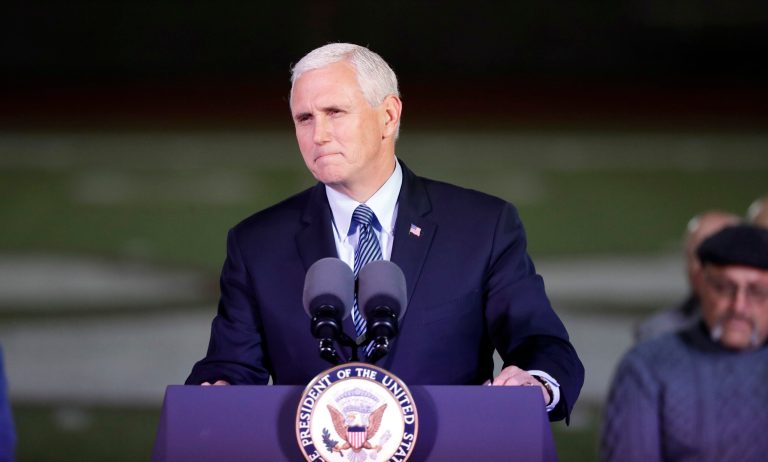 Vice President Mike Pence speaks during a prayer vigil for the victims of the Sutherland Springs First Baptist Church shooting Wednesday, Nov. 8, 2017, in Floresville, Texas. A man opened fire inside the church in the small South Texas community on Sunday, killing more than two dozen and injuring others.