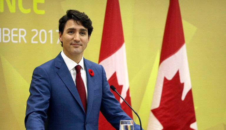 Canadian Prime Minister Justin Trudeau speaks at a press conference held on the sidelines of the Asia-Pacific Economic Cooperation Forum in Danang, Vietnam, Saturday, Nov. 11, 2017.