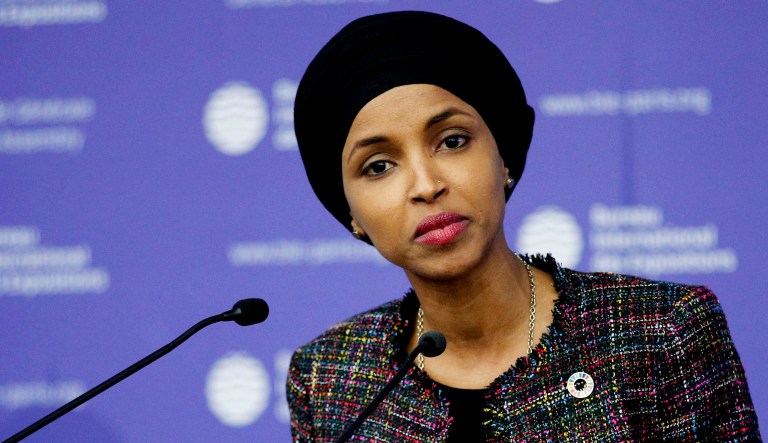Ilhan Omar delivers a speech.