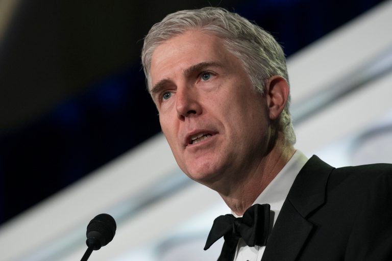 Supreme Court Associate Justice Neil Gorsuch speaks at the Federalist Society's 2017 National Lawyers Convention in Washington, Thursday, Nov. 16, 2017.