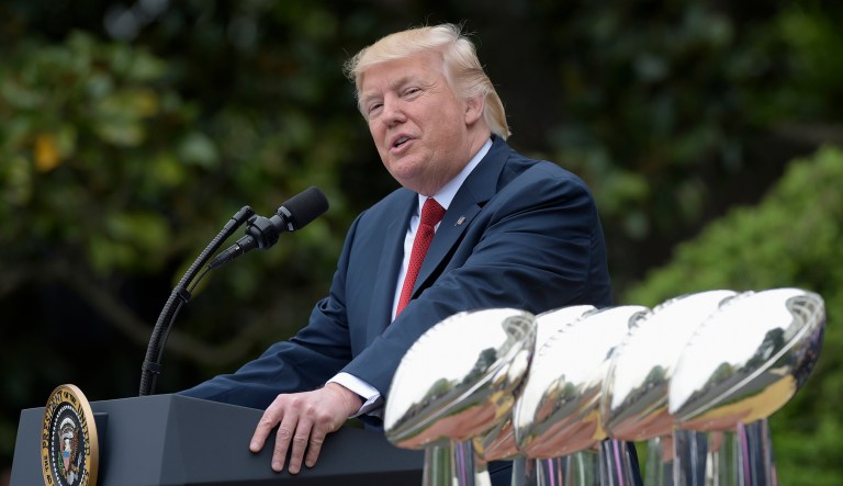 President Donald Trump speaks on the South Lawn of the White House in Washington during a ceremony where he honored the Super Bowl Champions. 