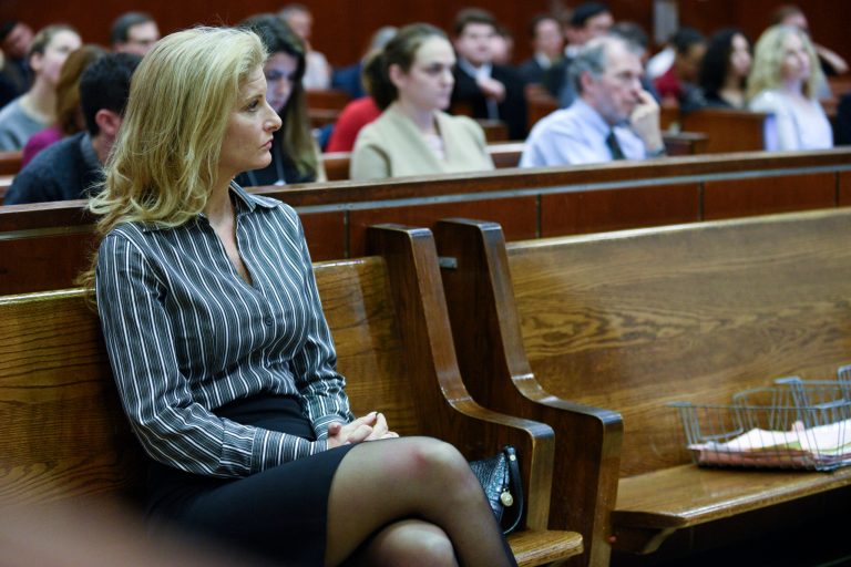 Summer Zervos, left, appears at a hearing in Manhattan State Supreme Court for a defamation lawsuit filed by Zervos against President Trump in New York. Zervos, a former contestant on Trump's reality TV show "The Apprentice," accused him of unwanted sexual contact in 2007. 