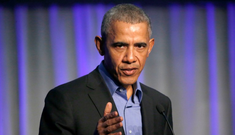 Former President Barack Obama address the participants at a summit on climate change involving mayors from around the globe on Dec. 5, 2017, in Chicago.