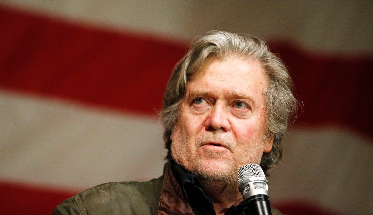 Former White House strategist Steve Bannon speaks during a rally for Senate hopeful Roy Moore on Dec. 5, 2017, in Fairhope Ala.