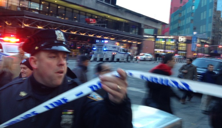 Police respond to a report of an explosion near Times Square on Monday, Dec. 11, 2017, in New York.