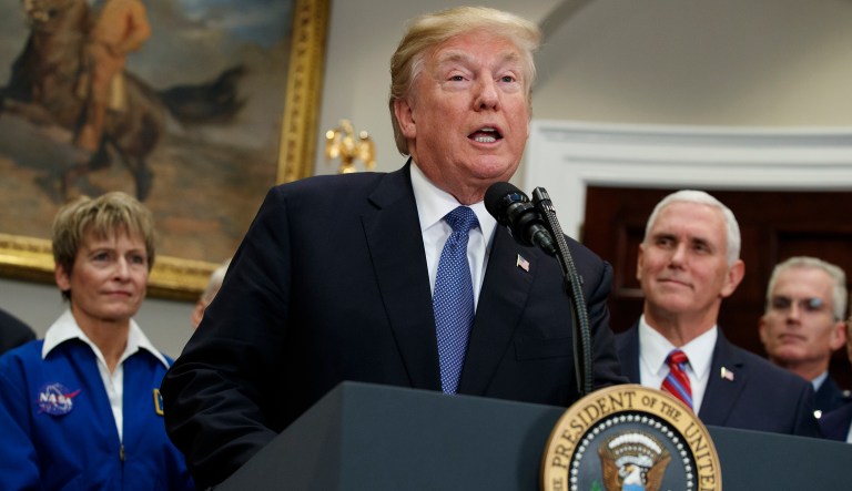 President Trump speaks before signing a policy directive to send American astronauts back to the moon, and eventually Mars, in the Roosevelt Room of the White House, Monday, Dec. 11, 2017.