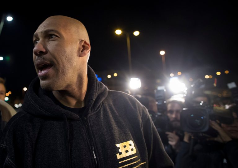 LaVar Ball speaks to the media upon their arrival at the international airport in Vilnius, Lithuania on Wednesday, Jan. 3, 2018. LiAngelo and LaMelo Ball in December signed one-year contracts to play for Lithuanian professional basketball club Prienai - Birstonas Vytautas.