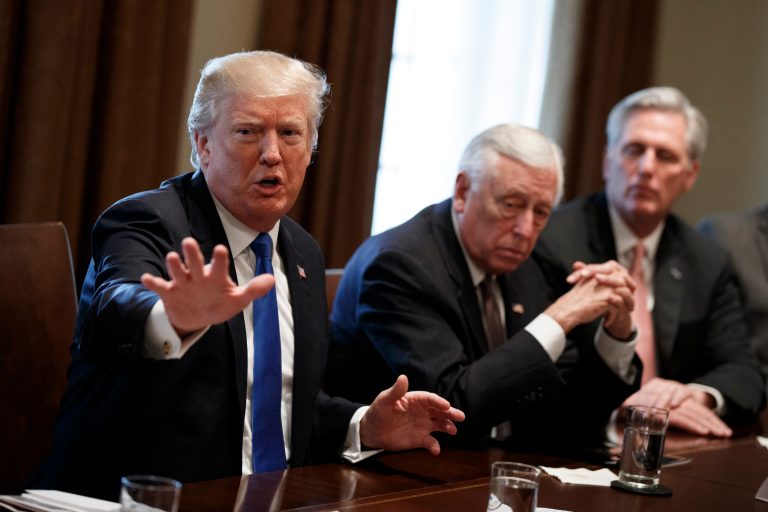 President Donald Trump speaks during a meeting with lawmakers on immigration policy in the Cabinet Room of the White House, Tuesday, Jan. 9, 2018, in Washington. From left, Trump, Rep. Steny Hoyer, D-Md., and Rep. Kevin McCarthy, R-Calif.