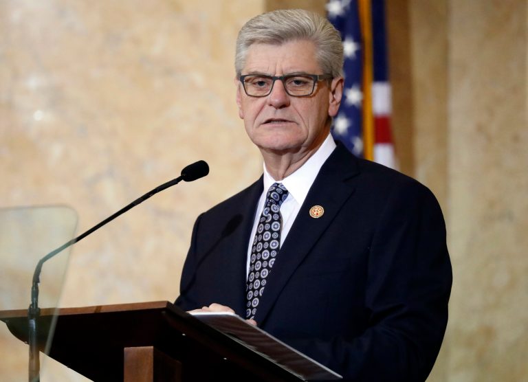 Gov. Phil Bryant gives a speech the Capitol in Jackson, Miss.
