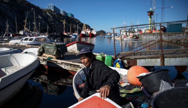 A fisherman docks a boat as it comes back into port with a catch of cod in Nuuk, Greenland.