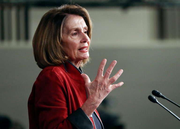 House Minority Leader Nancy Pelosi of Calif., gestures as she speaks during a news conference, Thursday, Jan. 11, 2018, on Capitol Hill in Washington. Pelosi says an immigration working group is just "five white guys." Pelosi's talking about a group of lawmakers that's blessed by President Donald Trump. They're trying to find a deal to protect young immigrants brought to the U.S. illegally as children.