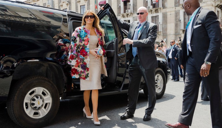 First Lady Melania Trump arrives at the City Hall, Palazzo degli Elefanti, in the Sicilian town of Catania, Italy, Friday, May 26, 2017, for a visit with some of the G7 leaders' partners. The leaders of G7 countries are gathering in  the Sicilian citadel of Taormina, Italy, on May 26th and 27th.