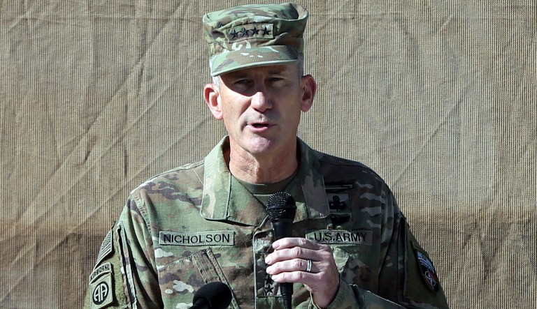 The head of NATO and U.S. forces in Afghanistan, U.S. Army Gen. John W. Nicholson speaks during a change of command ceremony at Task Force Southwest in the Shorab military camp of Helmand province, Afghanistan, Monday, Jan. 15, 2018. 