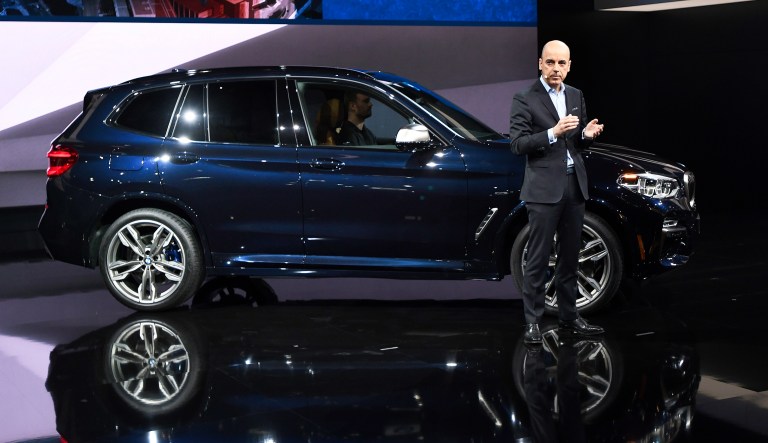 Nicolas Peter, member of the board of management of BMW AG, Finance, introduces the new BMW X3 M40i at the North American International Auto Show, Monday, Jan. 15, 2018, in Detroit.