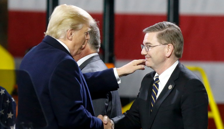 President Trump, left, greets U.S. Rep. Keith Rothfus, R.Pa., after a speech at H&K Equipment Co. on Jan. 18 in Coraopolis, Pa.