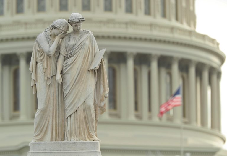 The Peace Monument, also known as the Naval Monument or Civil War Sailors Monument, is seen on the grounds of the Capitol in Washington, as day three of the government shutdown continues Monday, Jan. 22, 2018.