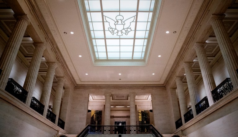 The atrium of the Marriner S. Eccles Federal Reserve Board Building is shown in D.C.