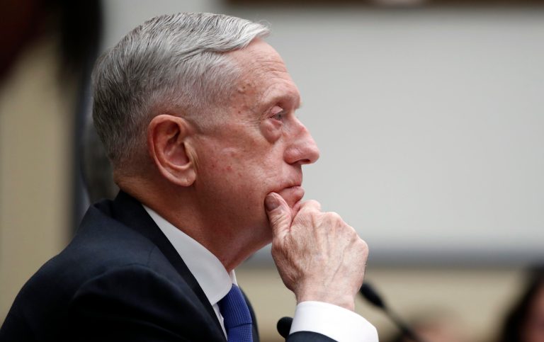 Defense Secretary Jim Mattis listens during a hearing on Capitol Hill.