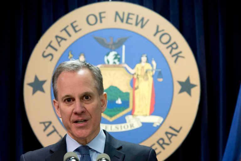In this file photo, New York Attorney General Eric Schneiderman speaks during a news conference in New York.