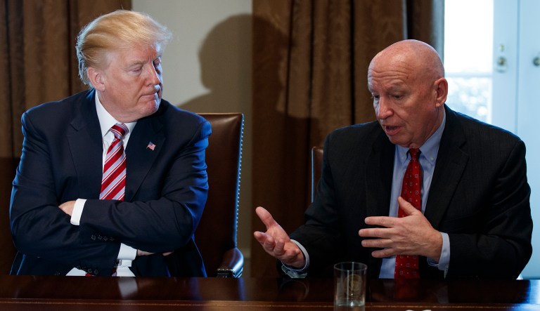 Rep. Kevin Brady, R-Texas, speaks to President Trump during a meeting with lawmakers about trade policy in the Cabinet Room of the White House, Tuesday, Feb. 13, 2018, in Washington.