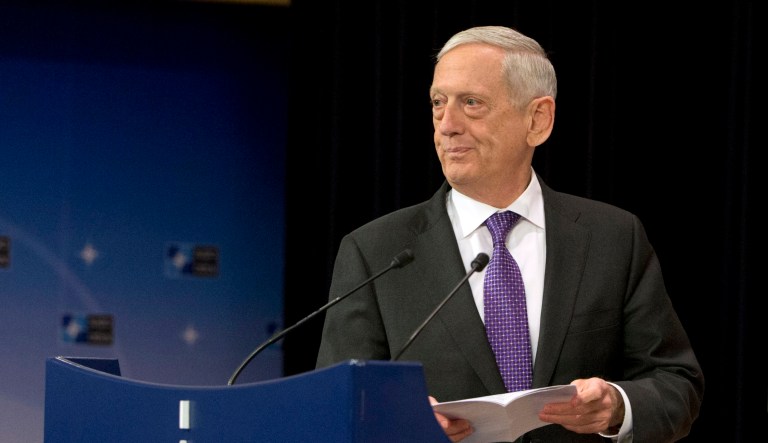 U.S. Secretary for Defense Jim Mattis prepares to address a media conference. 