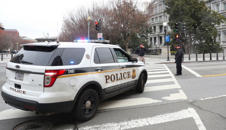 17th Street NW near the White House in Washington is closed as Secret Service officer after a vehicle rammed into a security barrier near the White House, Friday, Feb. 23, 2018, in Washington. 