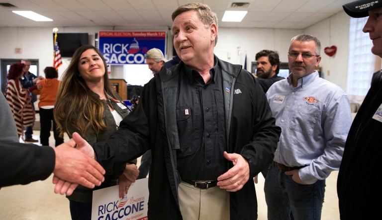 Rick Saccone thanks supporters during a campaign rally at the Veterans of Foreign Wars Post 4793 in Waynesburg, Pa.
