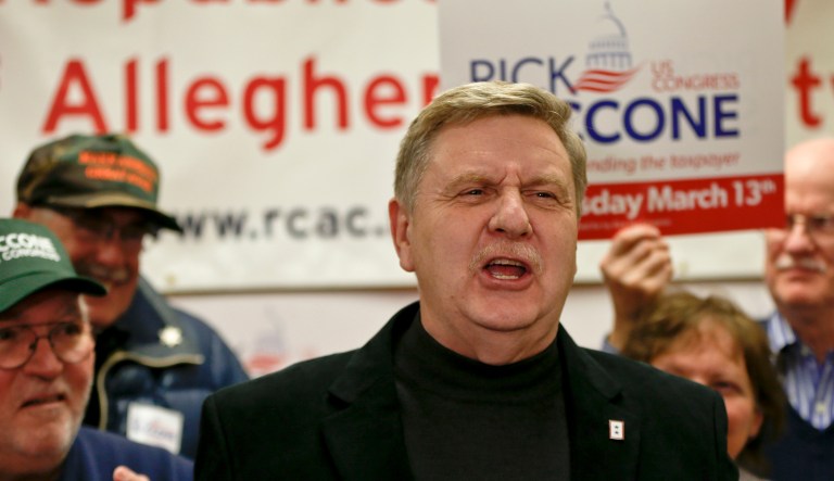 Rick Saccone speaks during a campaign stop at a Republican Party call center in Pittsburgh.