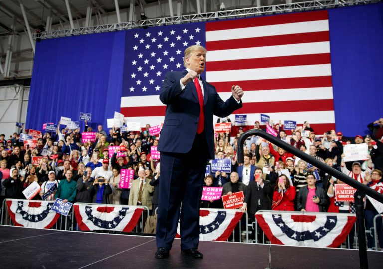 President Donald Trump arrives to speak at a campaign rally at Atlantic Aviation in Moon Township, Pa., Saturday, March 10, 2018. 