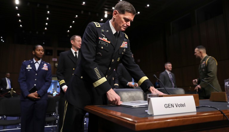 US Central Command commander Gen. Jospeh Votel arrives to testify at the Senate Committee on Armed Services on Capitol Hill in Washington, Tuesday, March 13, 2018. 