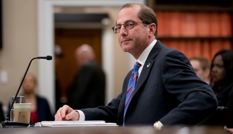 Health and Human Services Secretary Alex Azar appears before a House Appropriations subcommittee hearing on Capitol Hill in Washington.