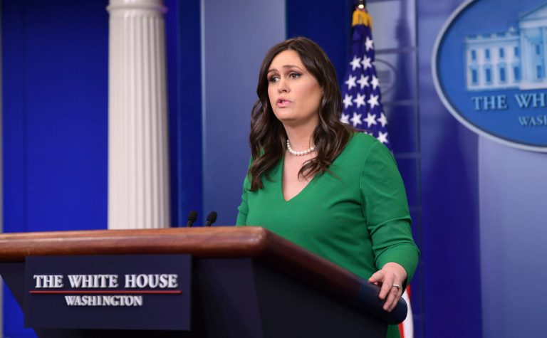 White House press secretary Sarah Huckabee Sanders speaks during the daily briefing at the White House in Washington, D.C.