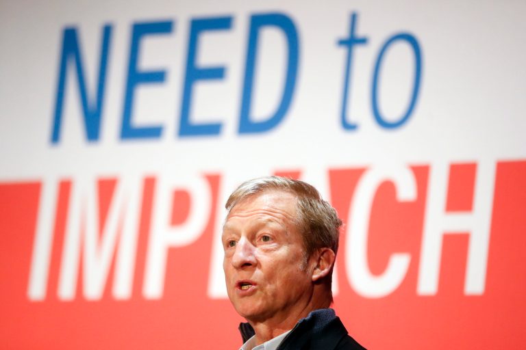 Political activist Tom Steyer speaks during a "Need to Impeach" town hall event at the Clifton Cultural Arts Center, Friday, March 16, 2018, in Cincinnati. Steyer, a billionaire activist also involved in environmental causes, founded the "Need to Impeach" petition campaign on claims that President Donald Trump meets the criteria for impeachment. The event kicks-off a national tour in an effort to generate support.