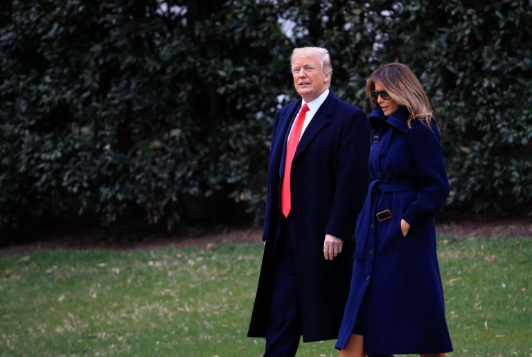 President Donald Trump with first lady, Melania Trump walk from the Oval Office as they leave the White House in Washington, Monday, March 19, 2018. Trump is traveling to Manchester, NH., to announced his plan to combat opioid drug addiction. 