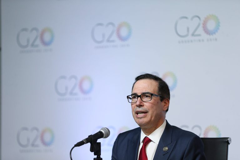U.S. Treasury Secretary Steven Mnuchin gives a press conference at the G20 finance ministers and central bankers summit in Buenos Aires, Argentina, Tuesday, March 20, 2018. 