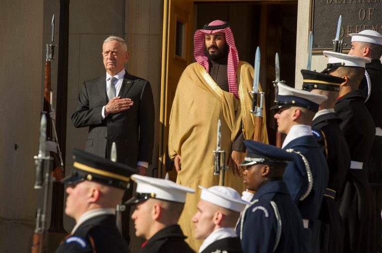Defense Secretary Jim Mattis welcomes Saudi Crown Prince Mohammed bin Salman to the Pentagon with an Honor Cordon, in Washington, Thursday, March 22, 2018. 