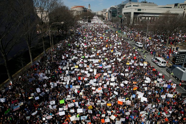 Looking west, people fill Pennsylvania Avenue during the "March for Our Lives" rally in support of gun control on Saturday in Washington.