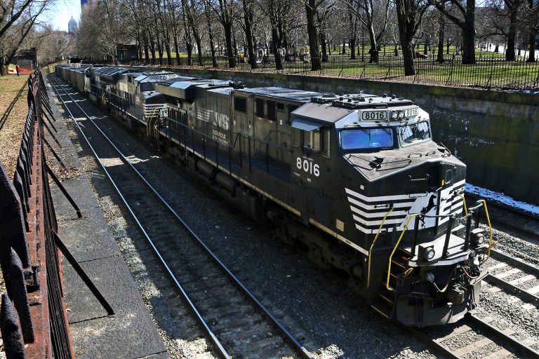 A Norfolk Southern freight train rolls through Pennsylvania.