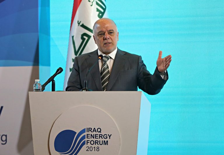 Iraq's Prime Minister Haider al-Abadi speaks at a press conference, at the Iraq Energy Forum in Baghdad, Iraq, Wednesday, March 28, 2018.