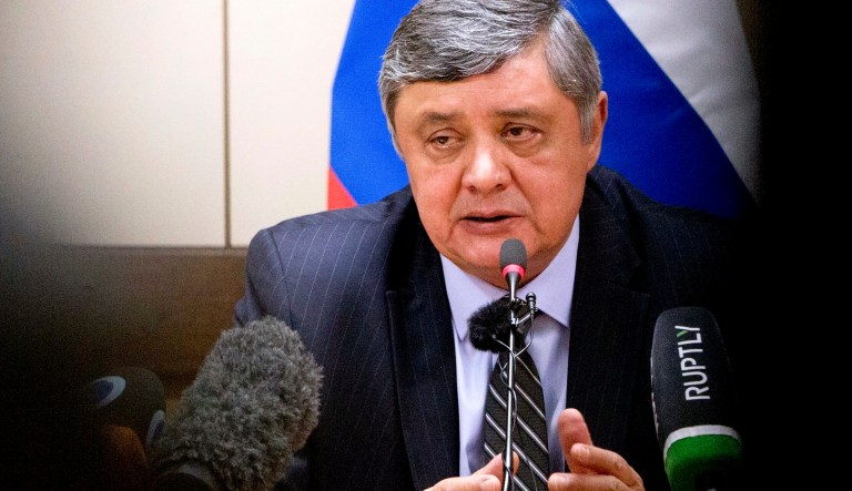 FILE In this file photo taken on Thursday, Oct. 26, 2017, Russian President Vladimir Putin's special envoy for Afghanistan Zamir Kabulov speaks during a media conference after a meeting of the Nato-Russia Council at NATO headquarters in Brussels. Russia's envoy for Afghanistan says that during the Taliban's contacts with Moscow they have derided Washington's claims that Russia has been arming the movement.