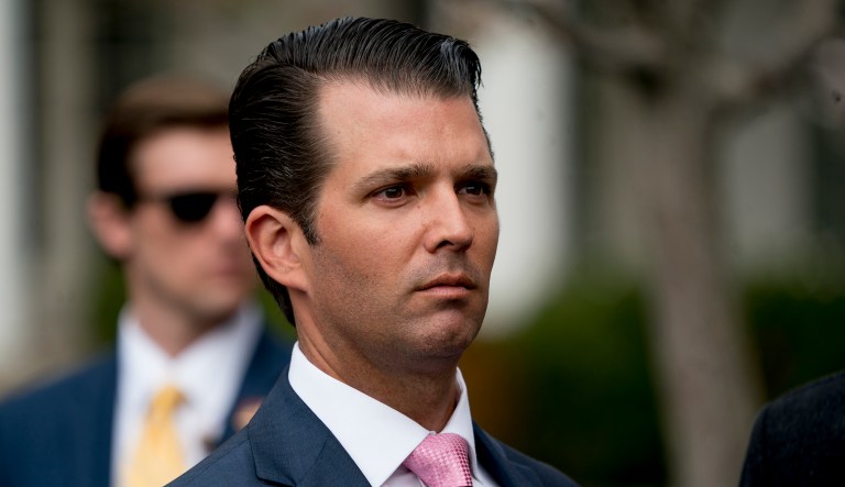 Donald Trump Jr., the son of President Trump, arrives for the annual White House Easter Egg Roll on the South Lawn of the White House in Washington, Monday, April 2, 2018. 