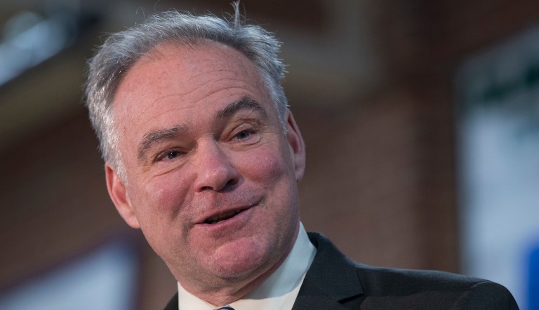 Sen. Tim Kaine, D-Va., gestures during a campaign kickoff rally in Richmond, Va., on April 2, 2018. Kaine is running for a second term in the Senate.