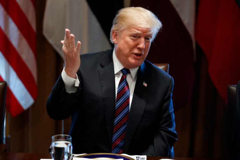 President Trump speaks during a meeting with Baltic leaders in the Cabinet Room of the White House in Washington.